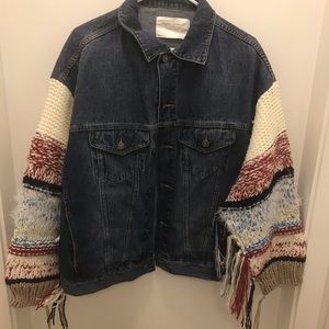 contrast knit sleeve denim jacket